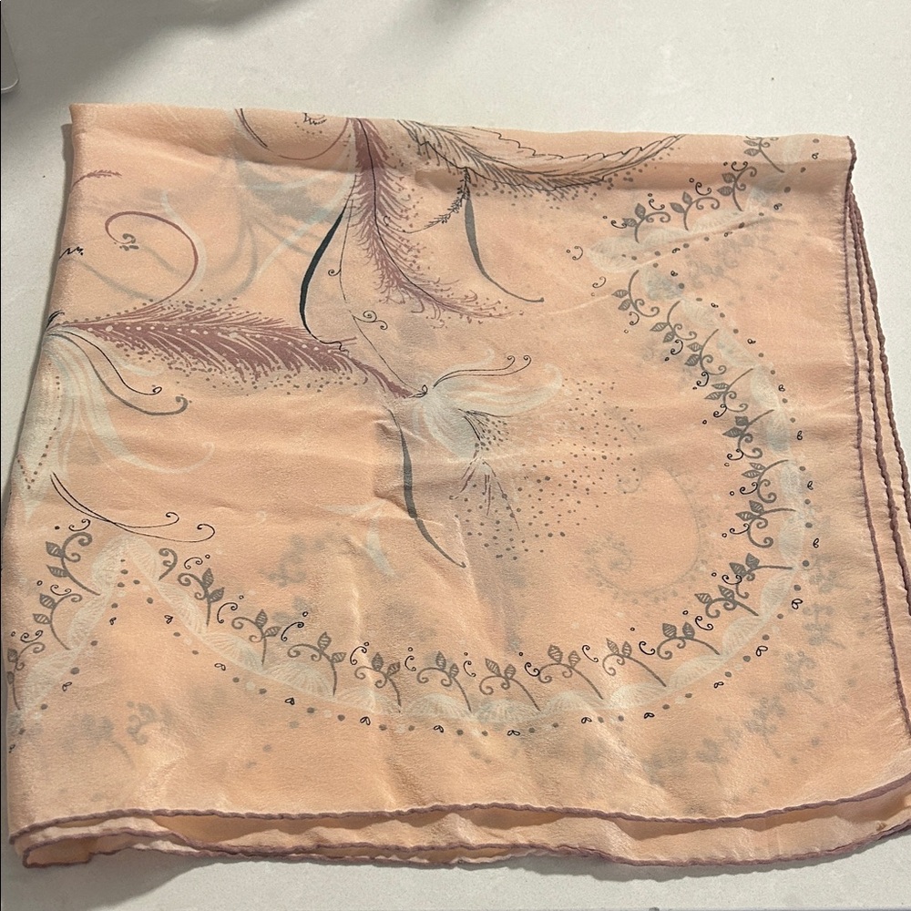 Coral pink floral print silk square scarf no label 29” 
Hand rolled hem
